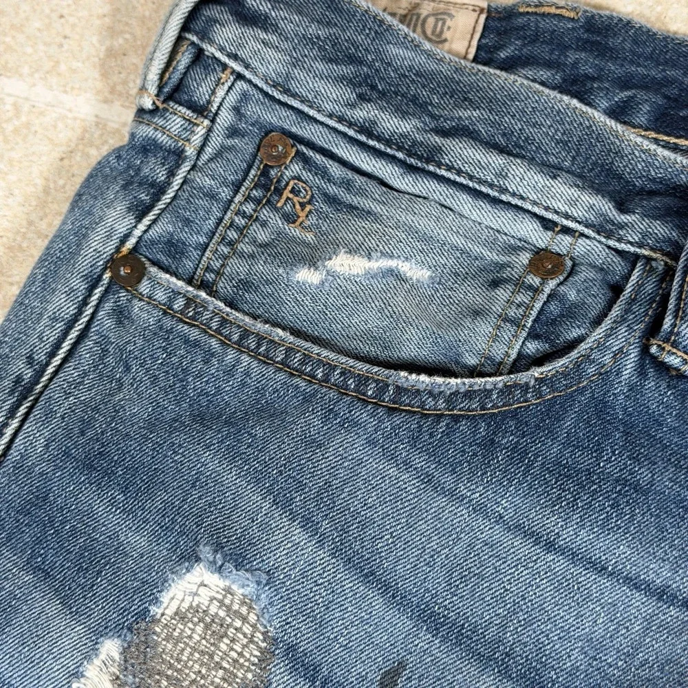 Polo Ralph Lauren Men Straight Denim Jeans Blue Distressed Patchwork 625 40x32